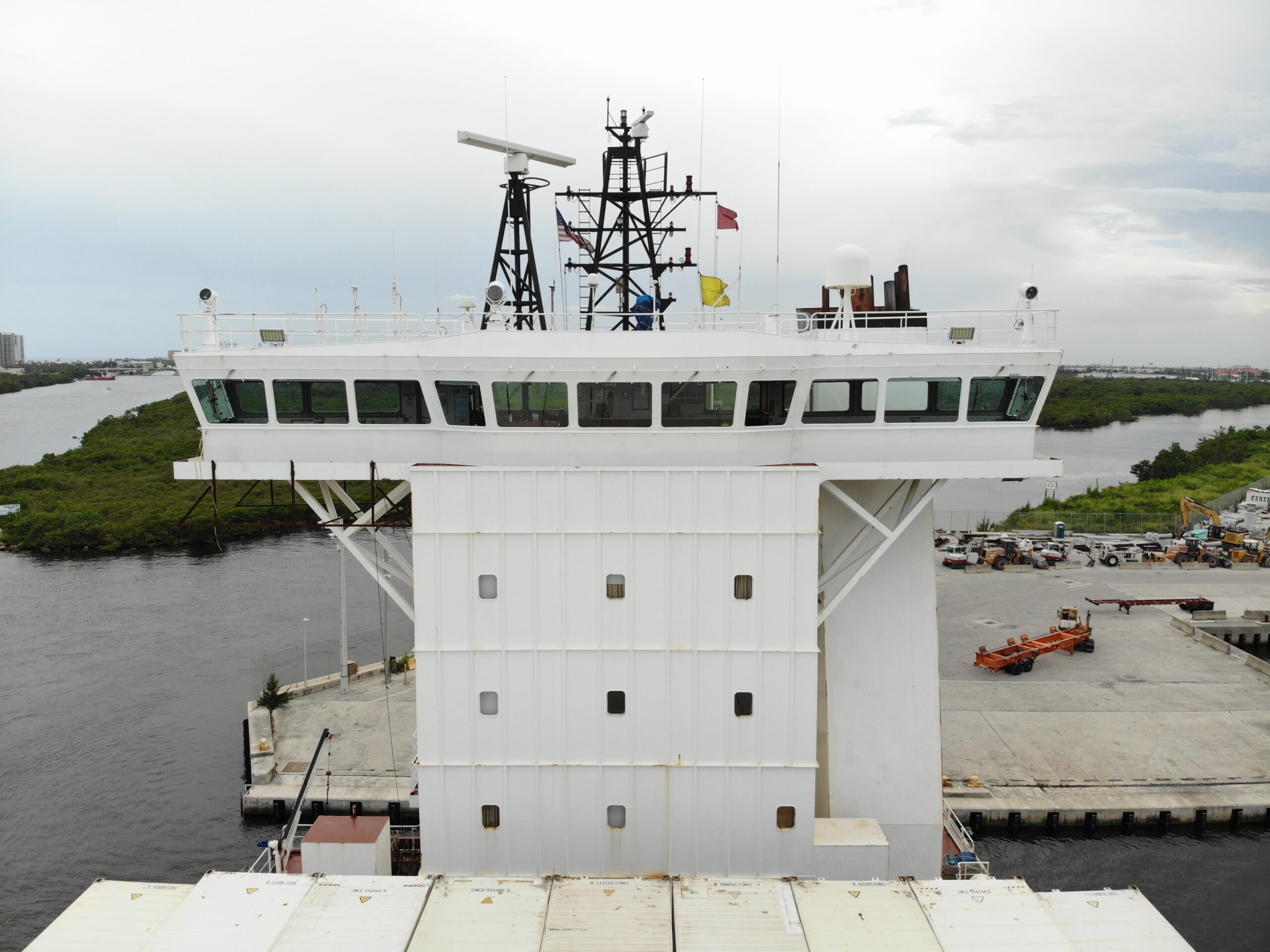 Ship bridge with navigational displays and consoles
