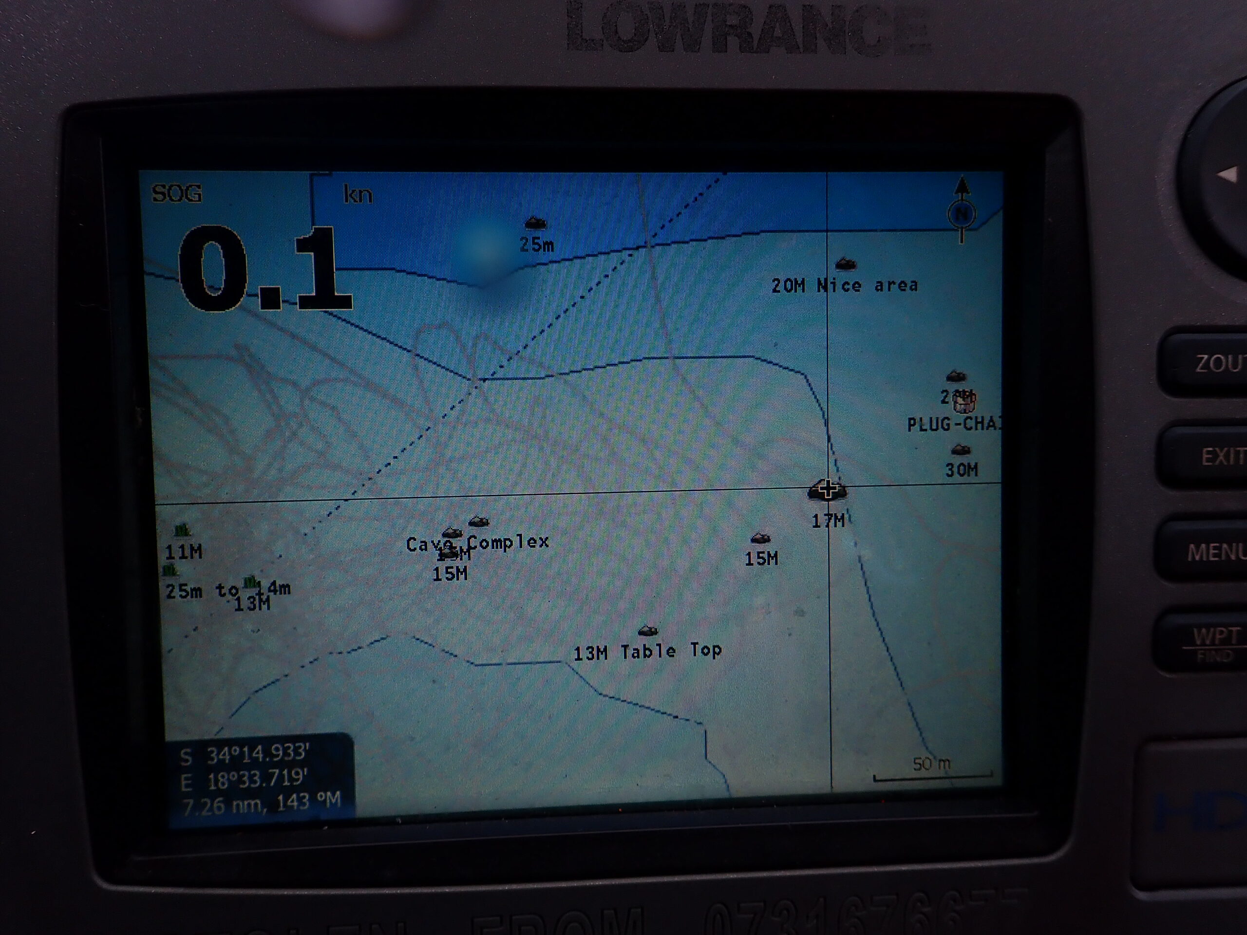 Fish-finder display showing a scrolling sonar view and depth-related returns under a boat; this is a sounder screen, not an ROV camera photograph.