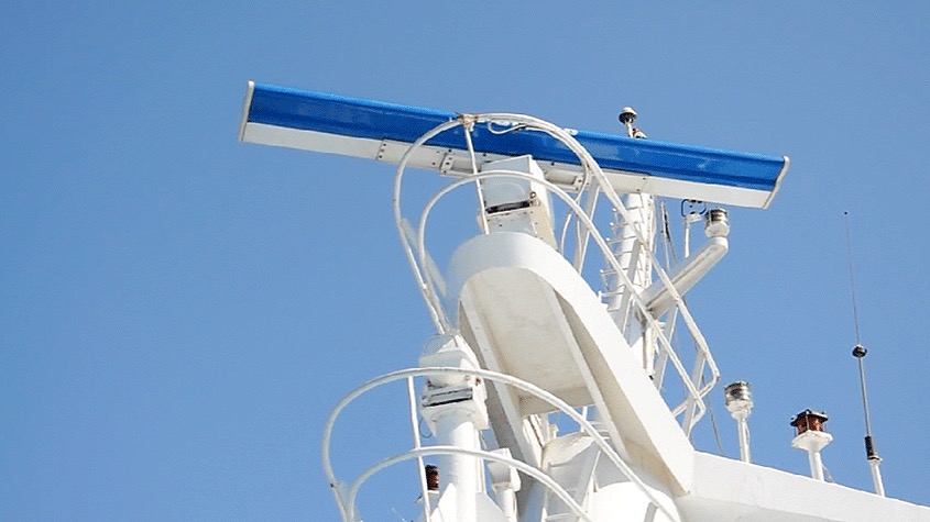 Animated view of a rotating marine radar waveguide antenna on a ship
