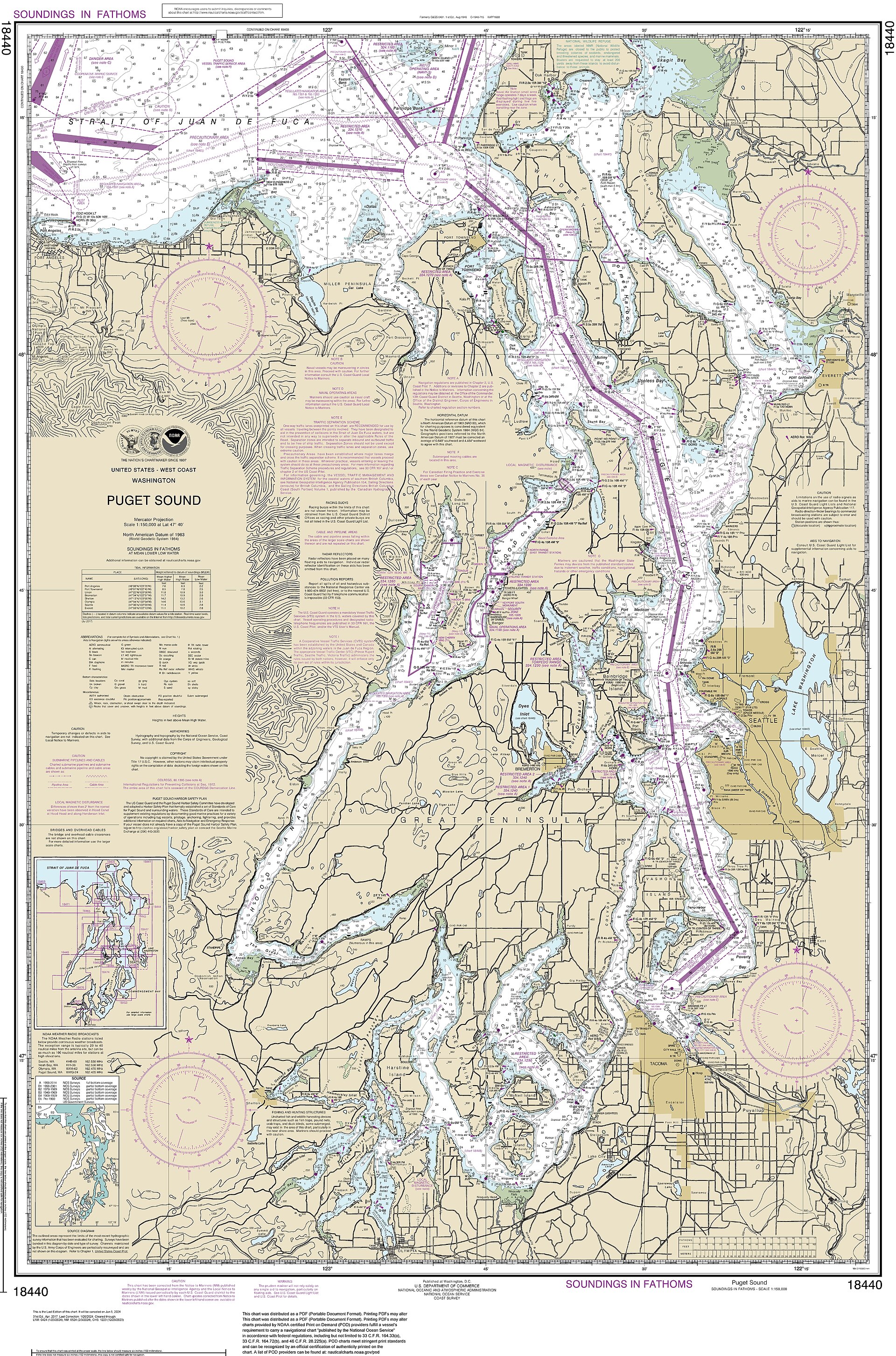 NOAA nautical chart of Puget Sound showing soundings, shoreline, and navigation aids