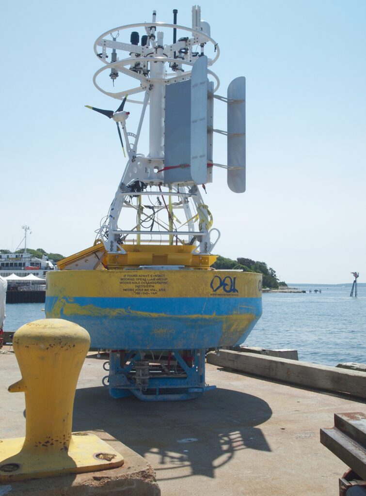 Moored oceanographic surface buoy with meteorological sensors and transmitters, not station 46042